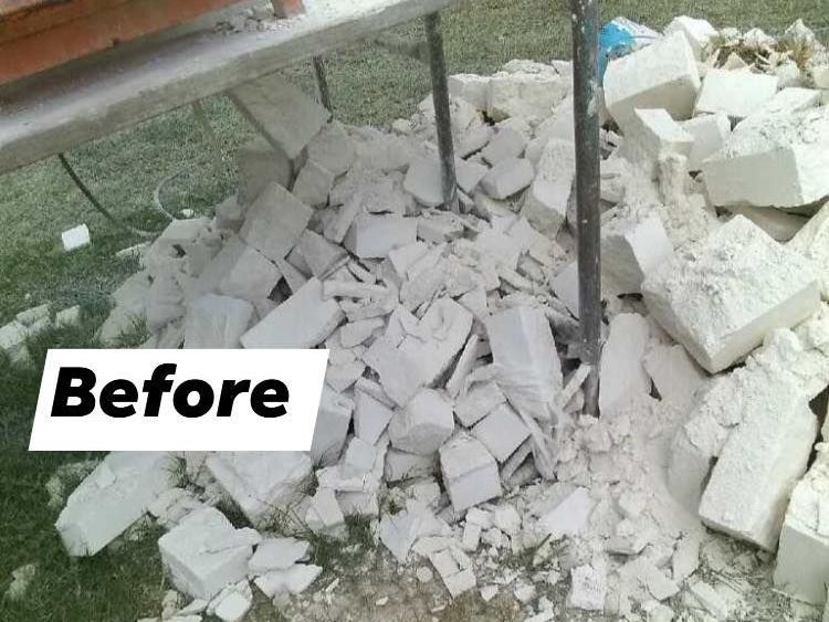 A pile of bricks with a before sign above it