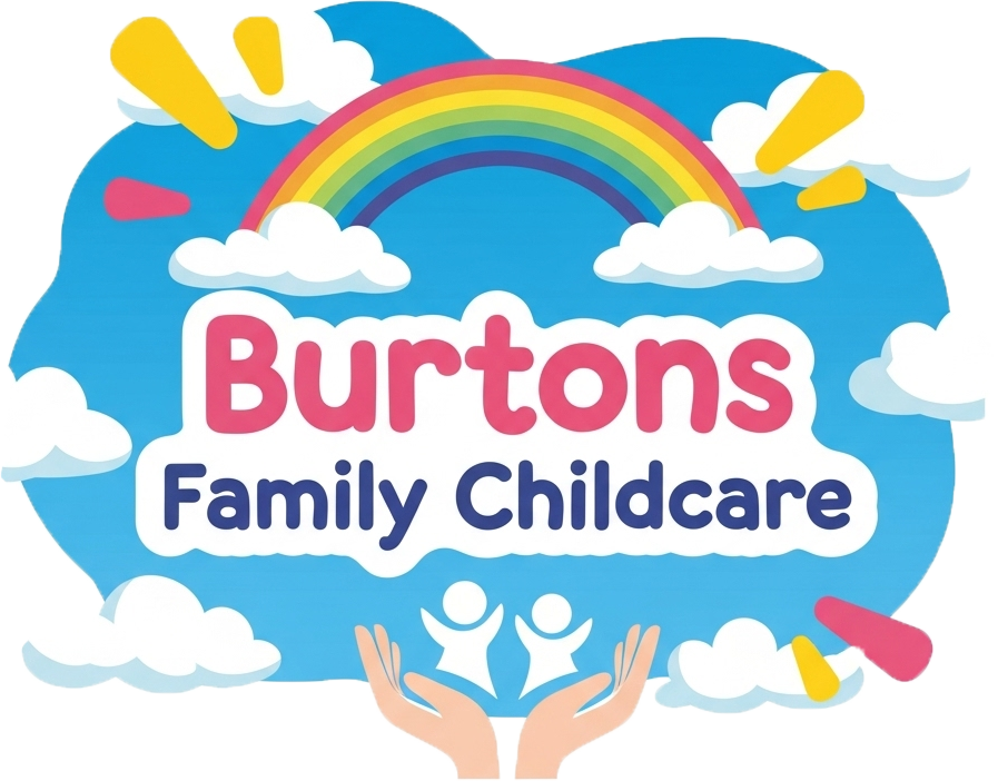 Logo for Burtons Family Childcare: Rainbow, clouds, and hands holding figures.
