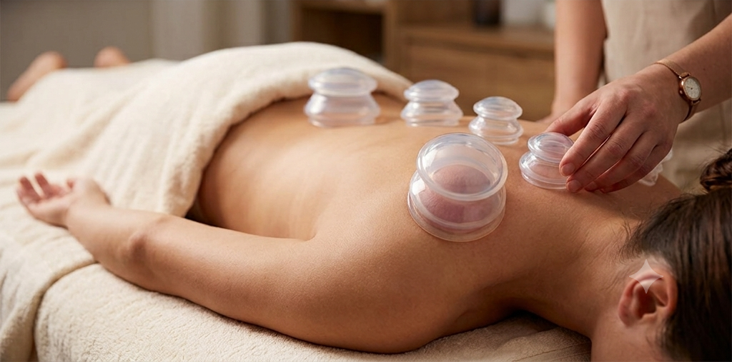 Person receiving cupping therapy on their back in a spa treatment setting