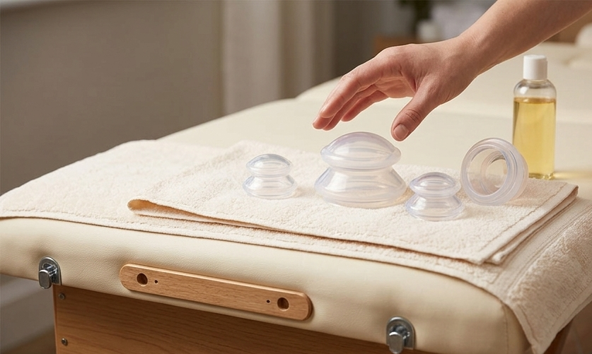 Hand using clear glass cupping cups on a cushioned treatment table beside a bottle of oil