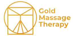 Gold Massage Therapy logo with gold geometric icon and text on white background