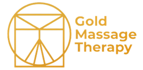 Gold Massage Therapy logo with gold geometric icon and text on white background