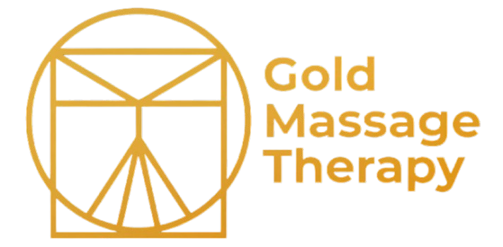 Gold Massage Therapy logo with gold geometric icon and text on white background