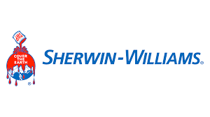 Sherwin-Williams logo: red paint can pouring paint over a globe. Text reads