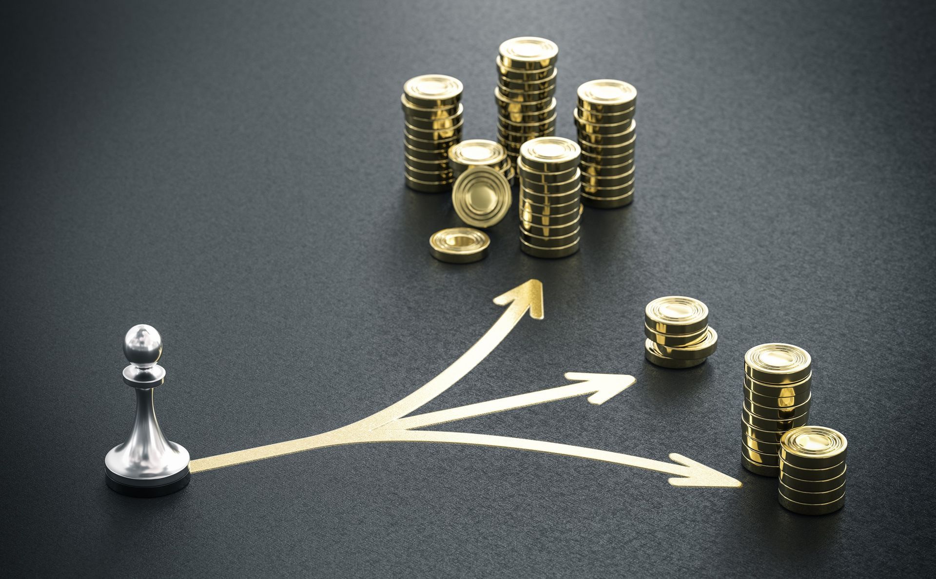 A chess piece is standing in front of stacks of gold coins for the Illustration of diverse universal life insurance options