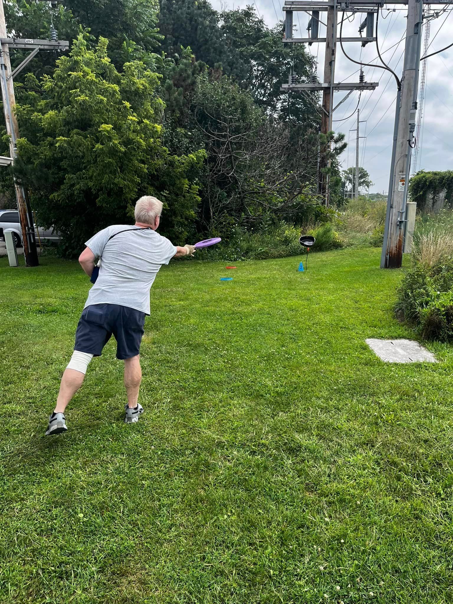 A person in a gray shirt and black shorts throws a disc in a grassy area near power lines.