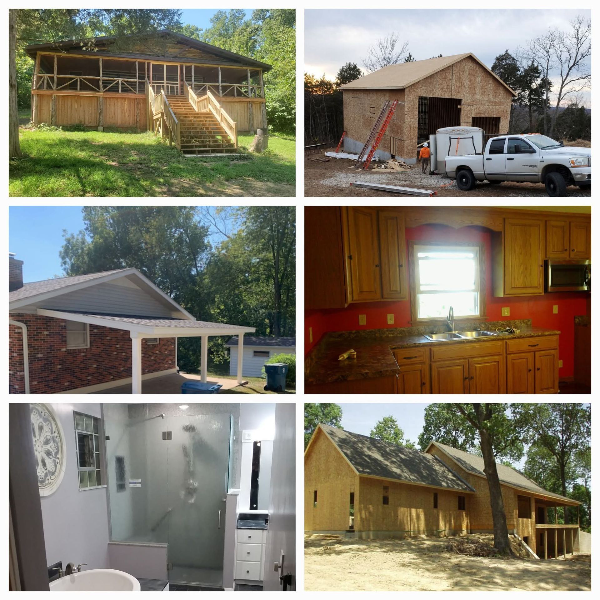 Collage of a house renovation: exterior views, new deck, kitchen, bathroom, and a garage addition