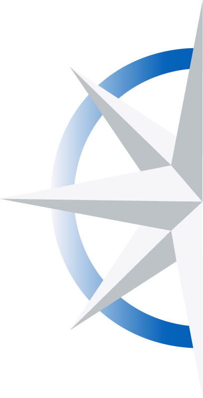 Blue and gray compass rose logo on a white background