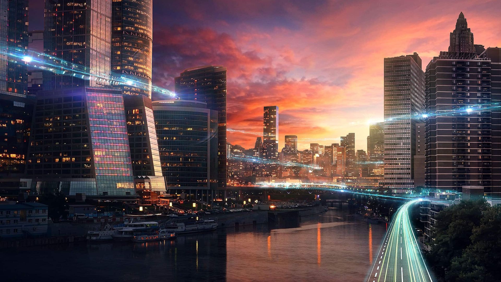 Sunset city skyline with glowing skyscrapers reflected on water and light trails crossing the foreground