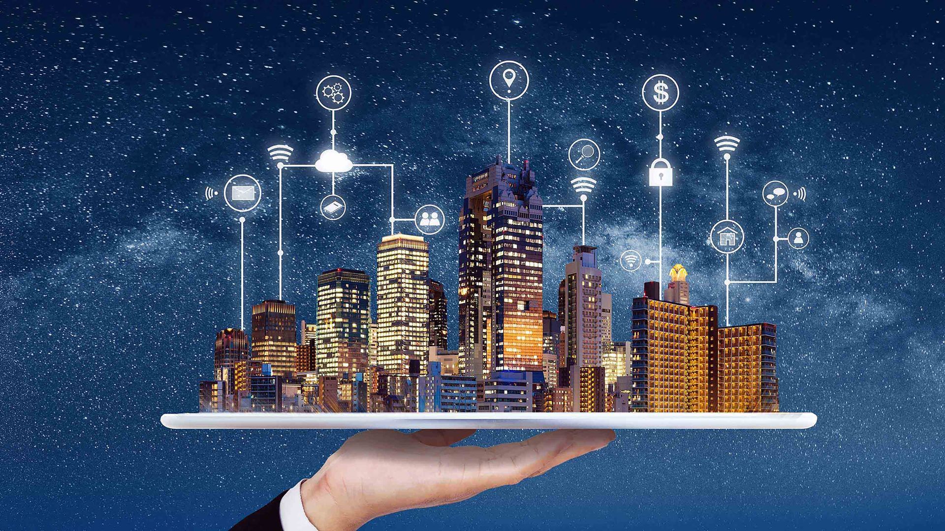 Hand holding a glowing digital city skyline with network icons above, symbolizing smart urban technology