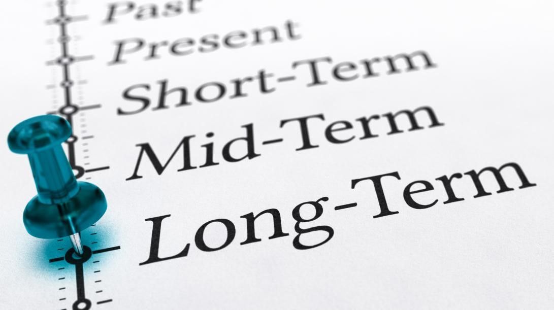 Blue pushpin on a timeline labeled Past, Present, Short-Term, Mid-Term, Long-Term