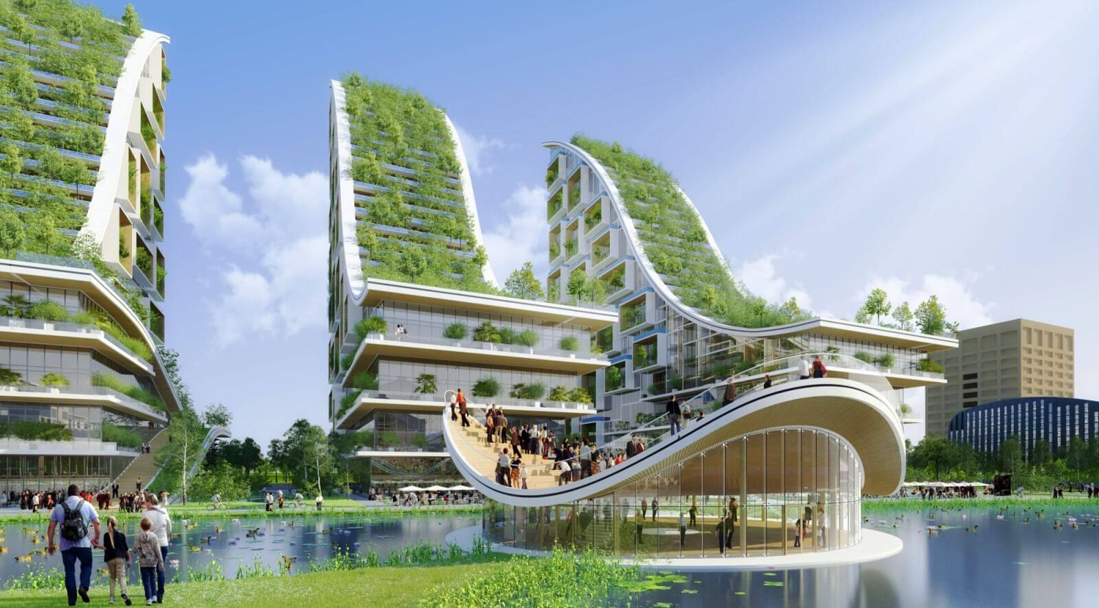Futuristic green terraced buildings beside a canal with people walking and a curved bridge