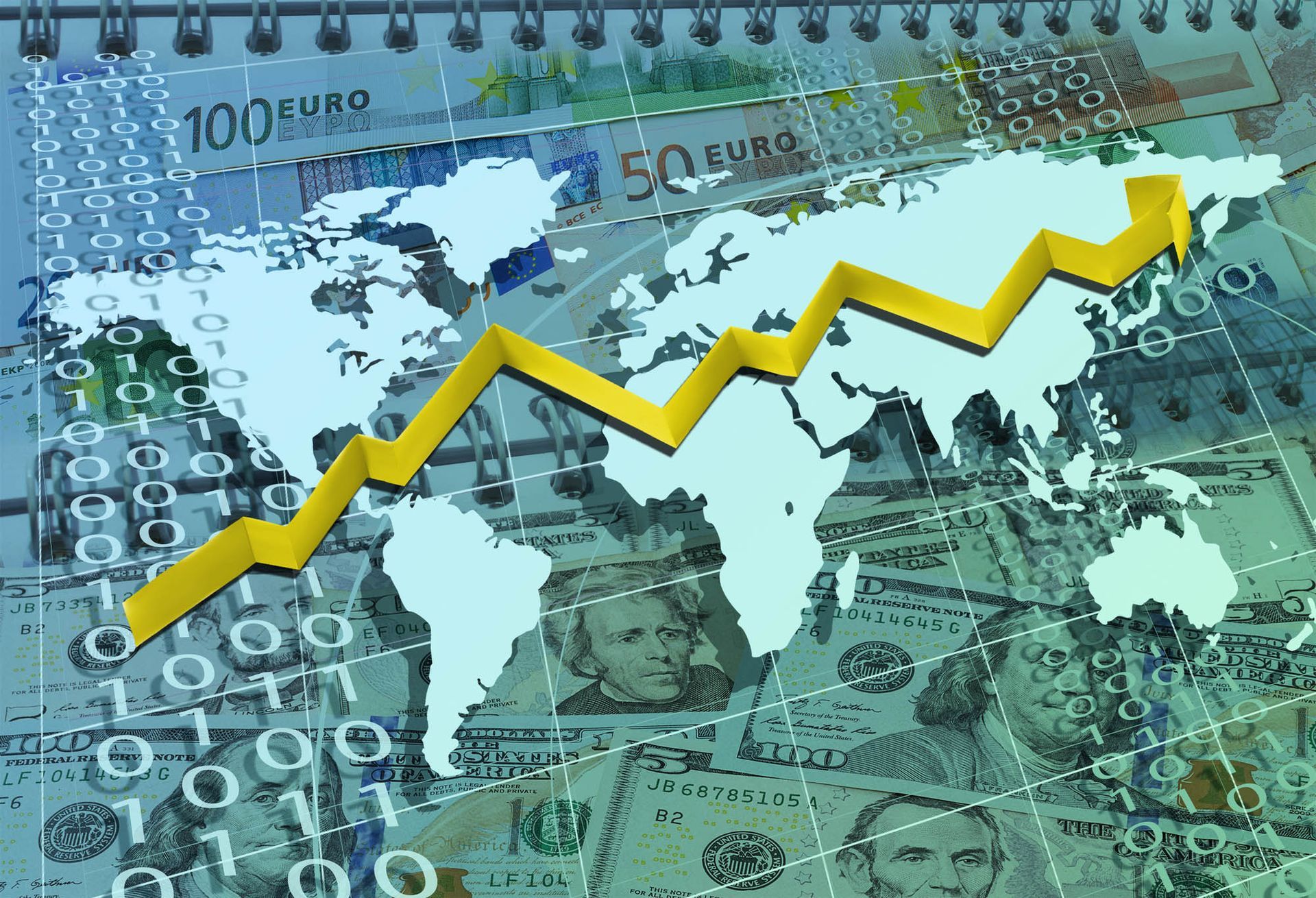 Yellow growth arrow over currency, stock market numbers, and a world map.