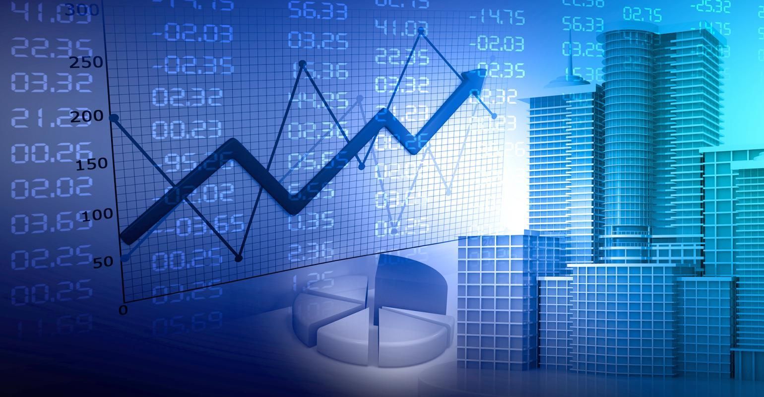 Blue finance chart with upward trend, digital numbers, pie chart, and skyscraper buildings