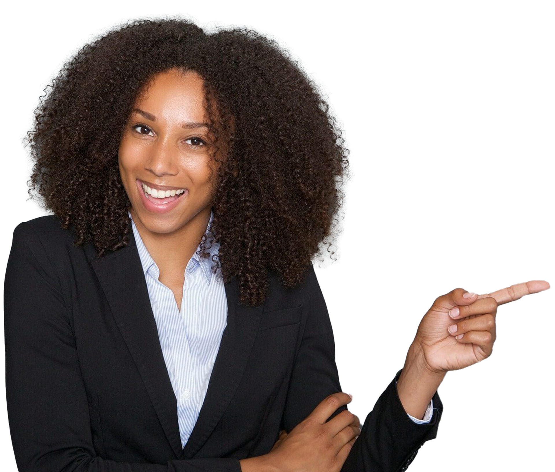 Smiling person in a black blazer pointing to the right on a white background