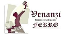 Logo per “Penzani Ferro” con una figura stilizzata che solleva degli attrezzi, nei colori bordeaux e beige.