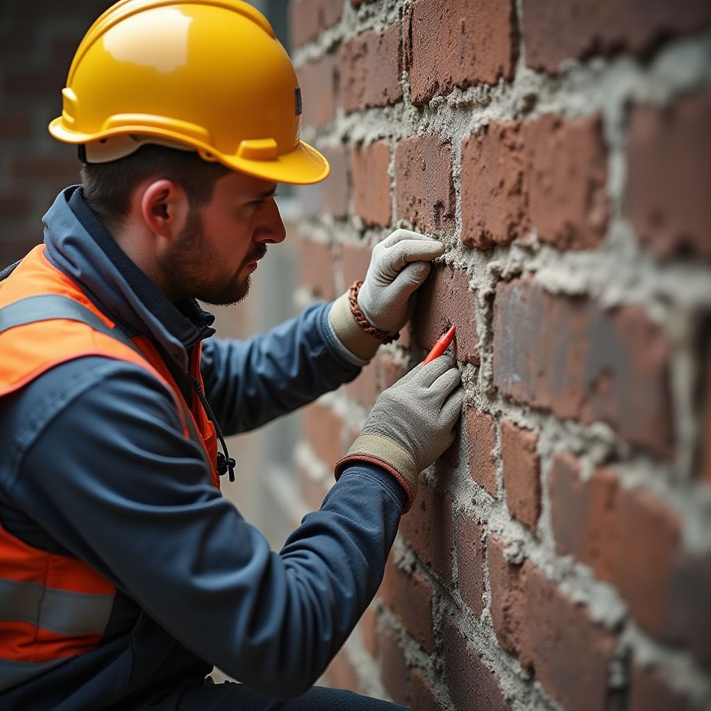 Un ouvrier du bâtiment examine un mur de briques, portant un casque, des gants et un gilet de sécurité.
