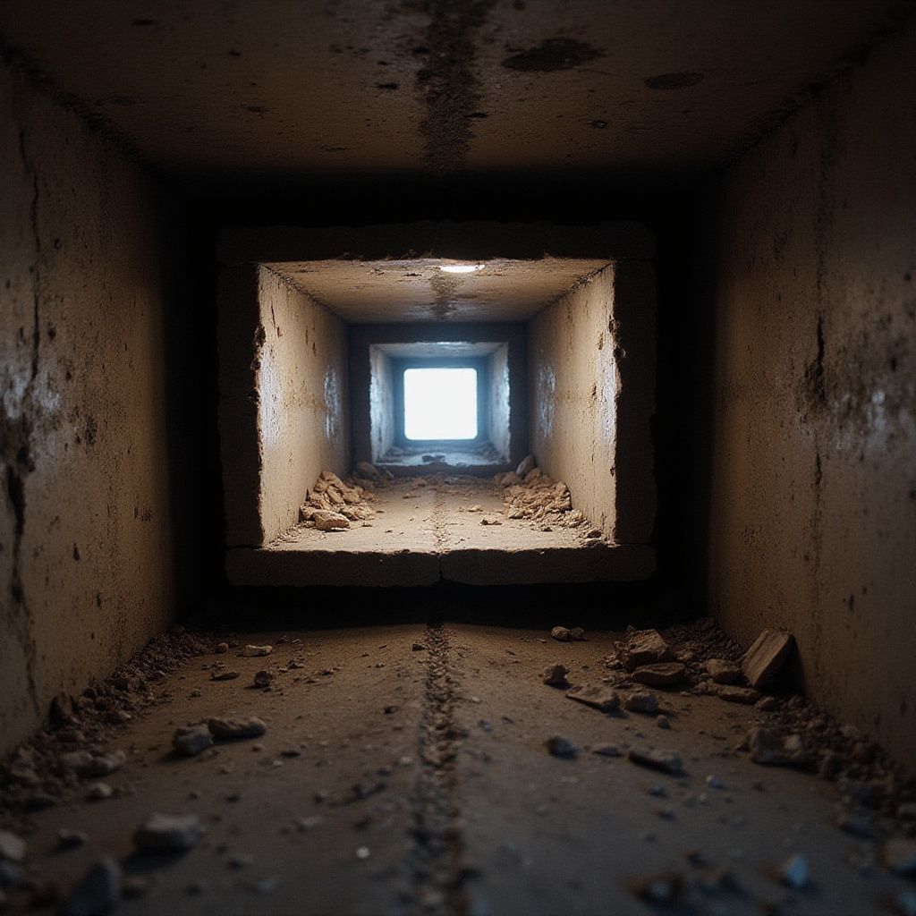 Vue plongeante sur un tunnel de béton sombre et carré, en direction d'une ouverture carrée et lumineuse. Des débris jonchent le sol.