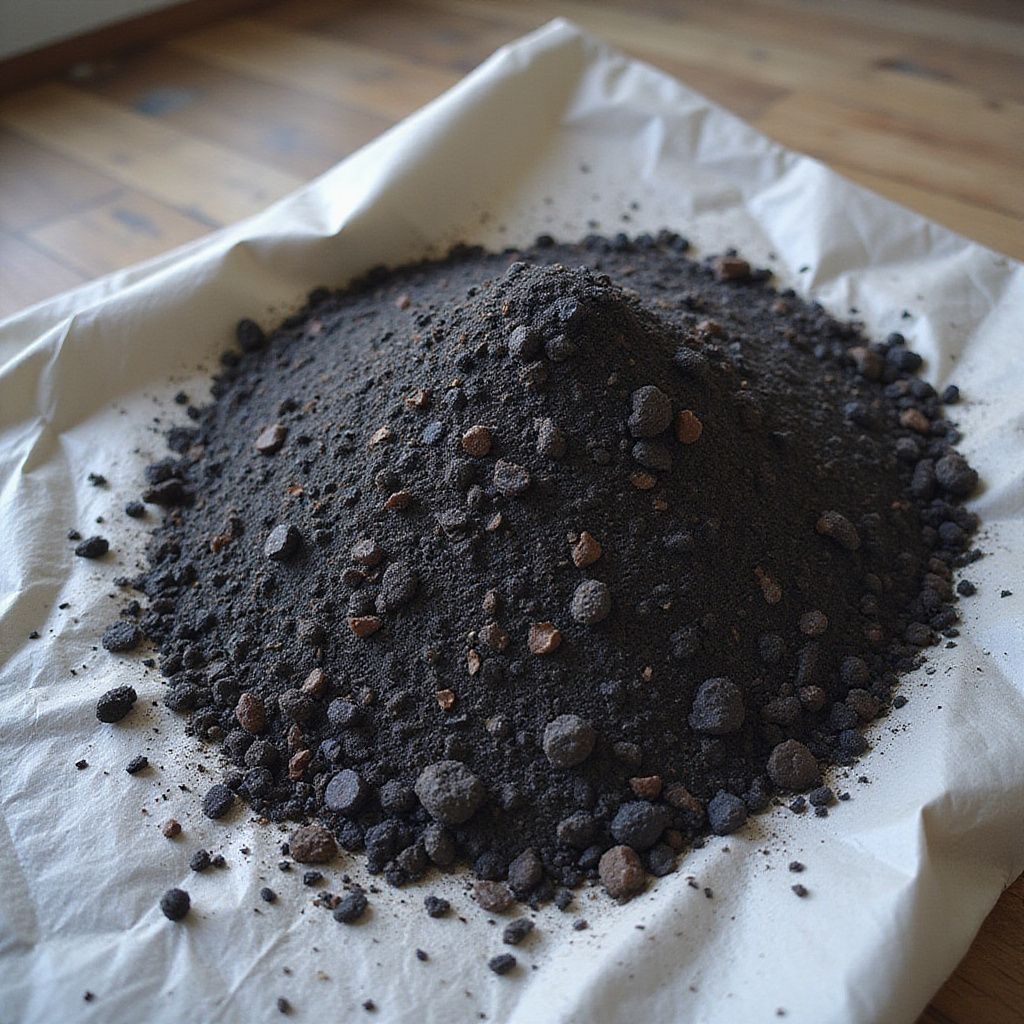 Tas de terre sombre, mêlée à de petits cailloux bruns et ronds, sur du papier brun.