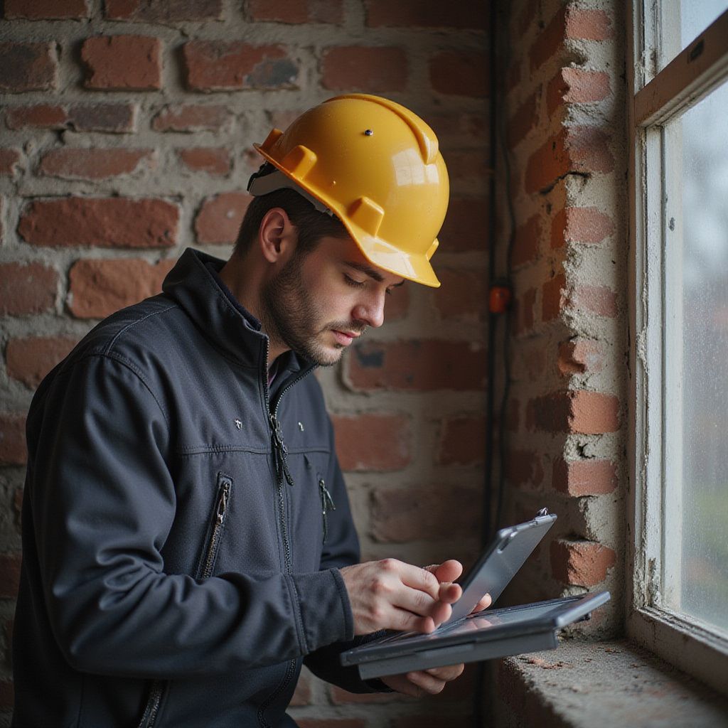 Un ouvrier du bâtiment, portant un casque jaune, consulte un bloc-notes près d'une fenêtre dans un bâtiment en briques.