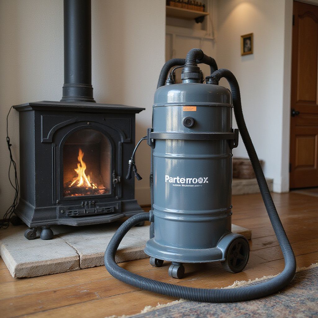 Un aspirateur gris à côté d'une cheminée allumée.