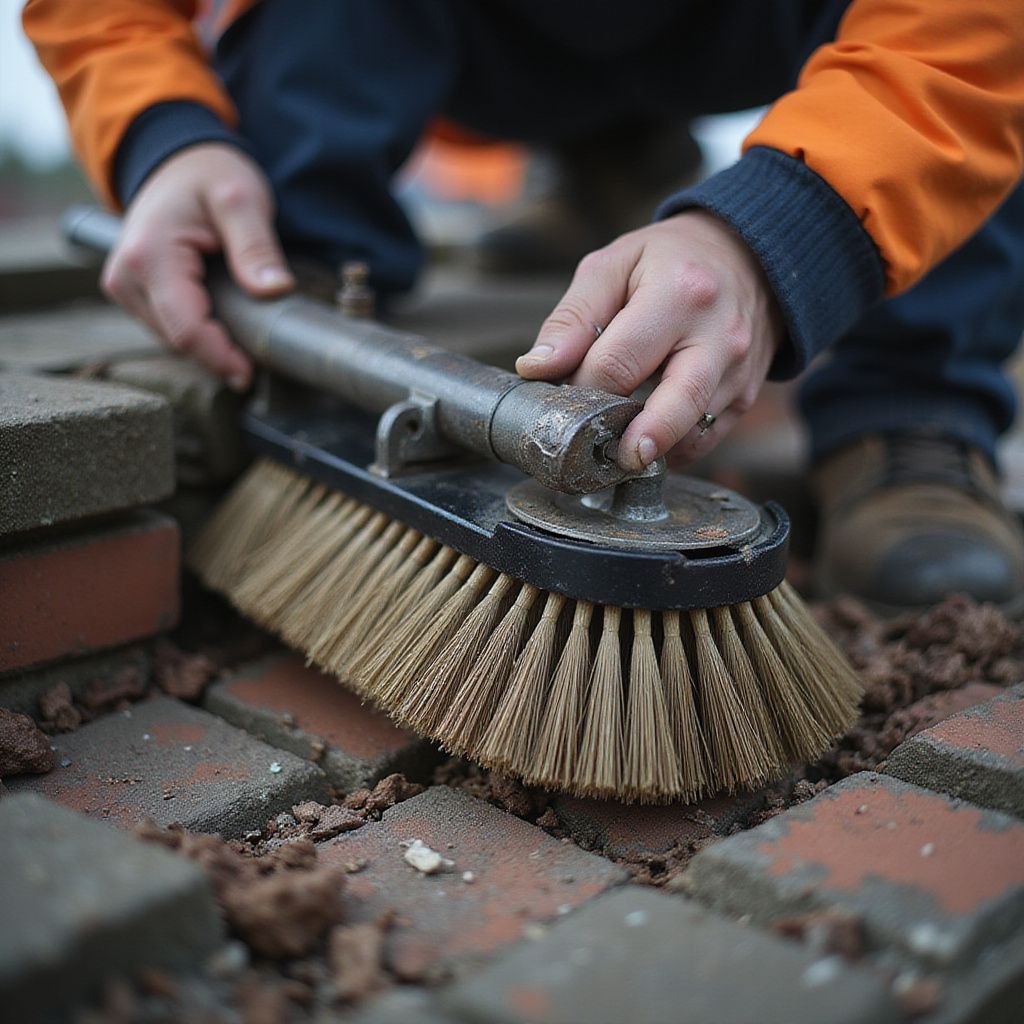Une personne brosse des pavés au sol avec une grosse brosse.