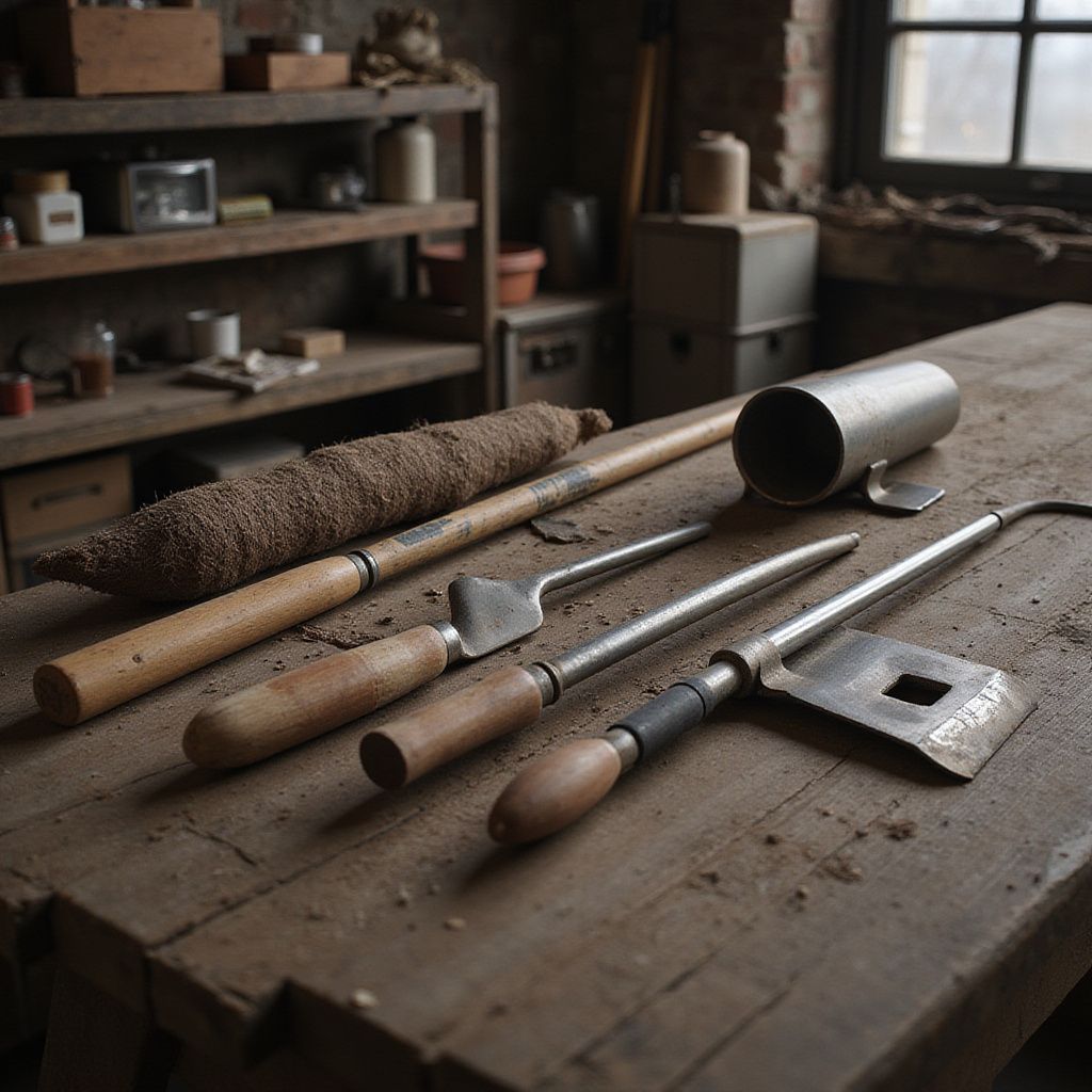 Outils d'atelier sur une table en bois patiné. Étagères remplies de fournitures en arrière-plan. Lumière naturelle.
