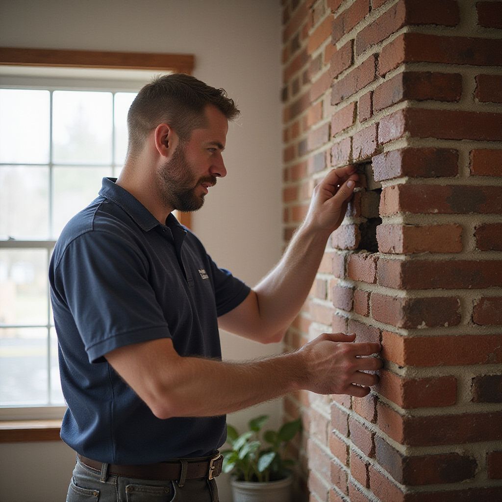 Un homme examine une maçonnerie, tenant une brique dans un trou, dans un intérieur avec une fenêtre.