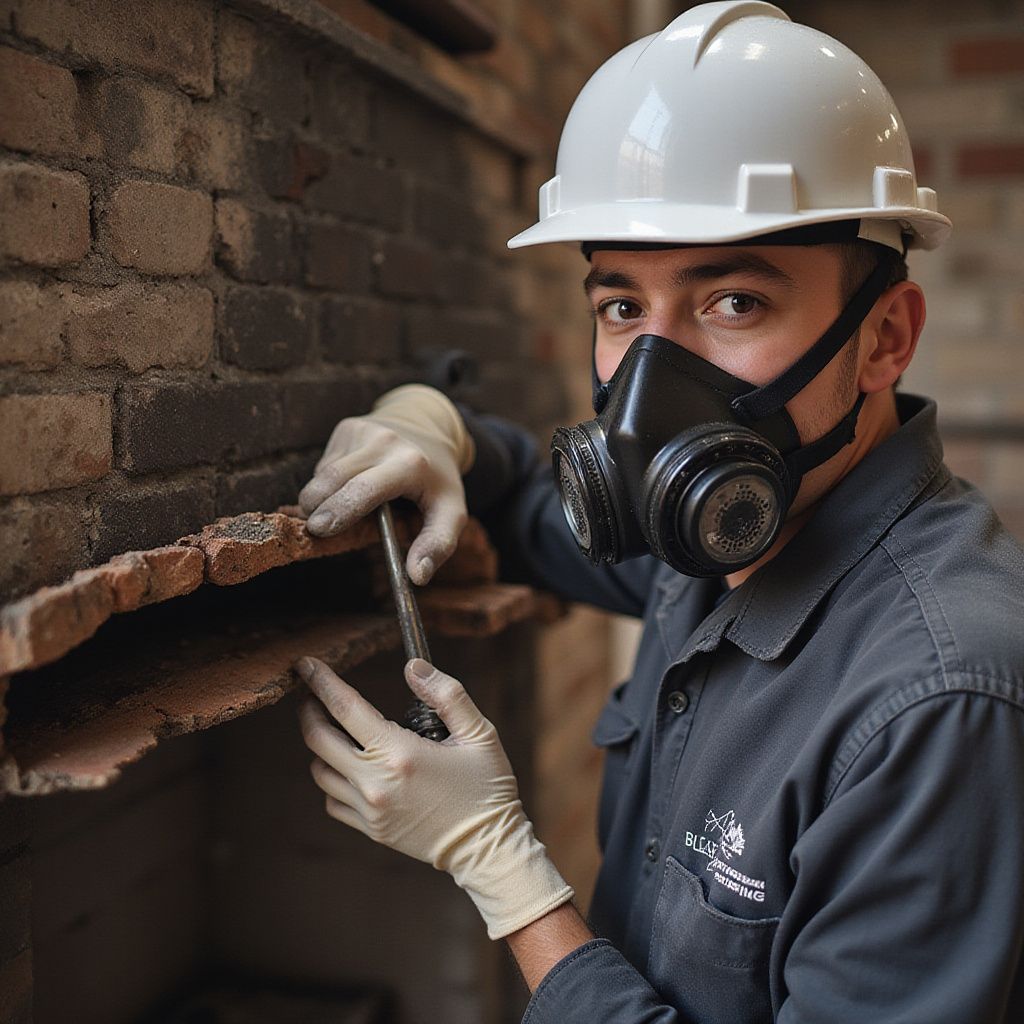 Un homme portant un masque respiratoire et un casque de chantier répare une maçonnerie ; à l'intérieur.