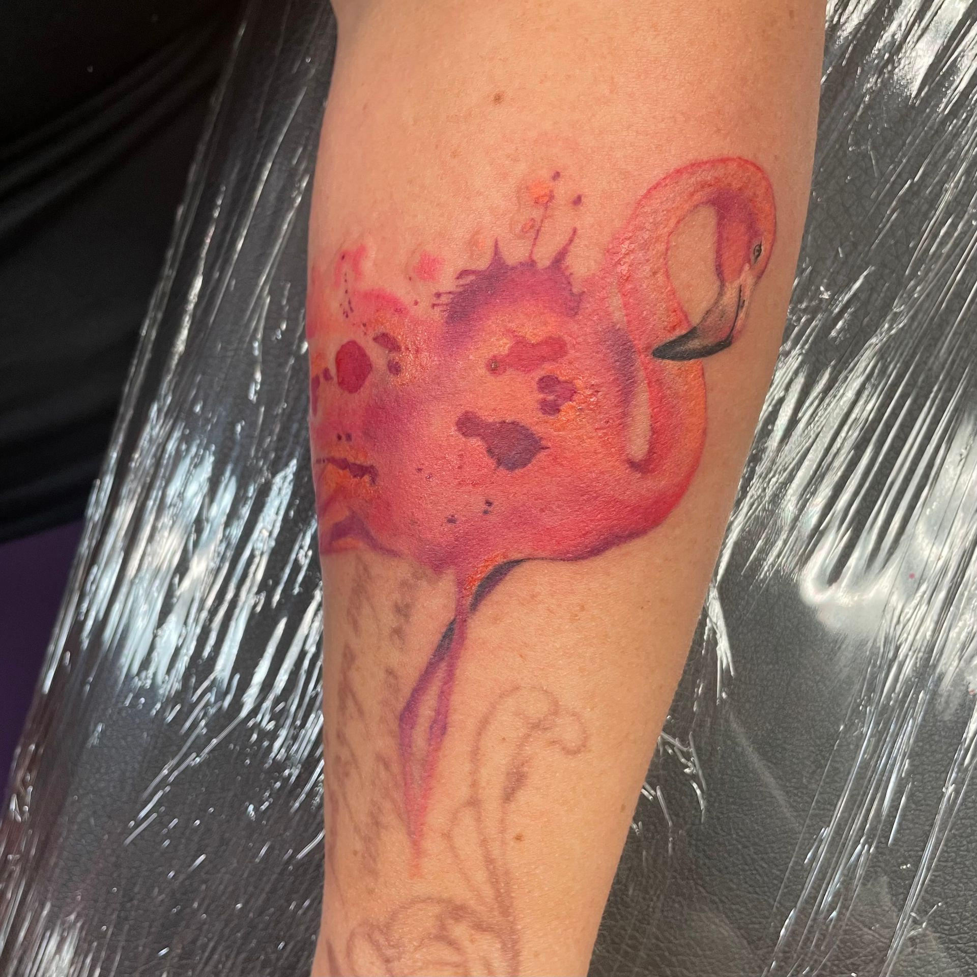 Watercolor style flamingo tattoo in shades of pink on an arm.