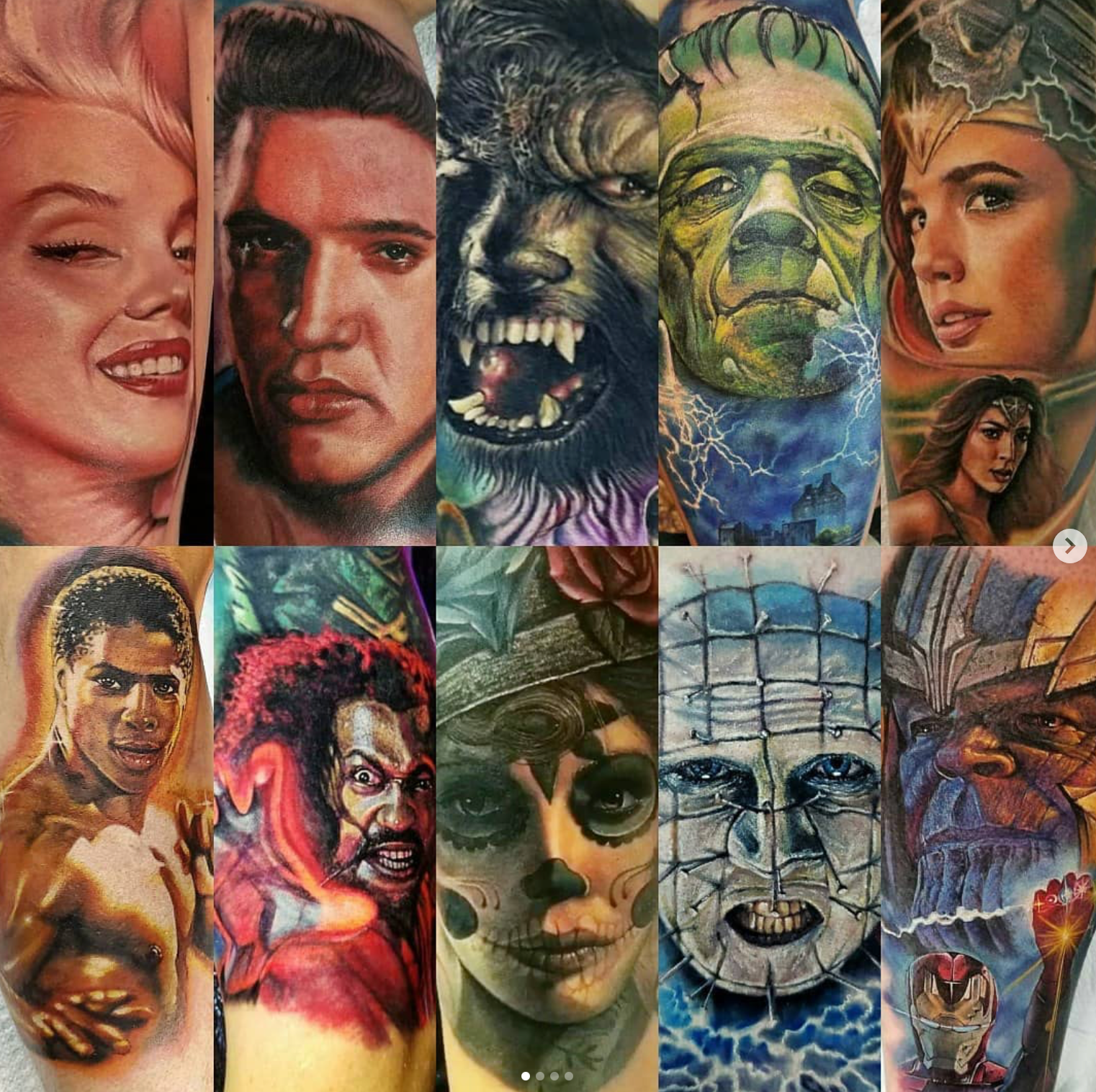 Tattoo art: Marilyn Monroe, Elvis, werewolf, Frankenstein, Wonder Woman,