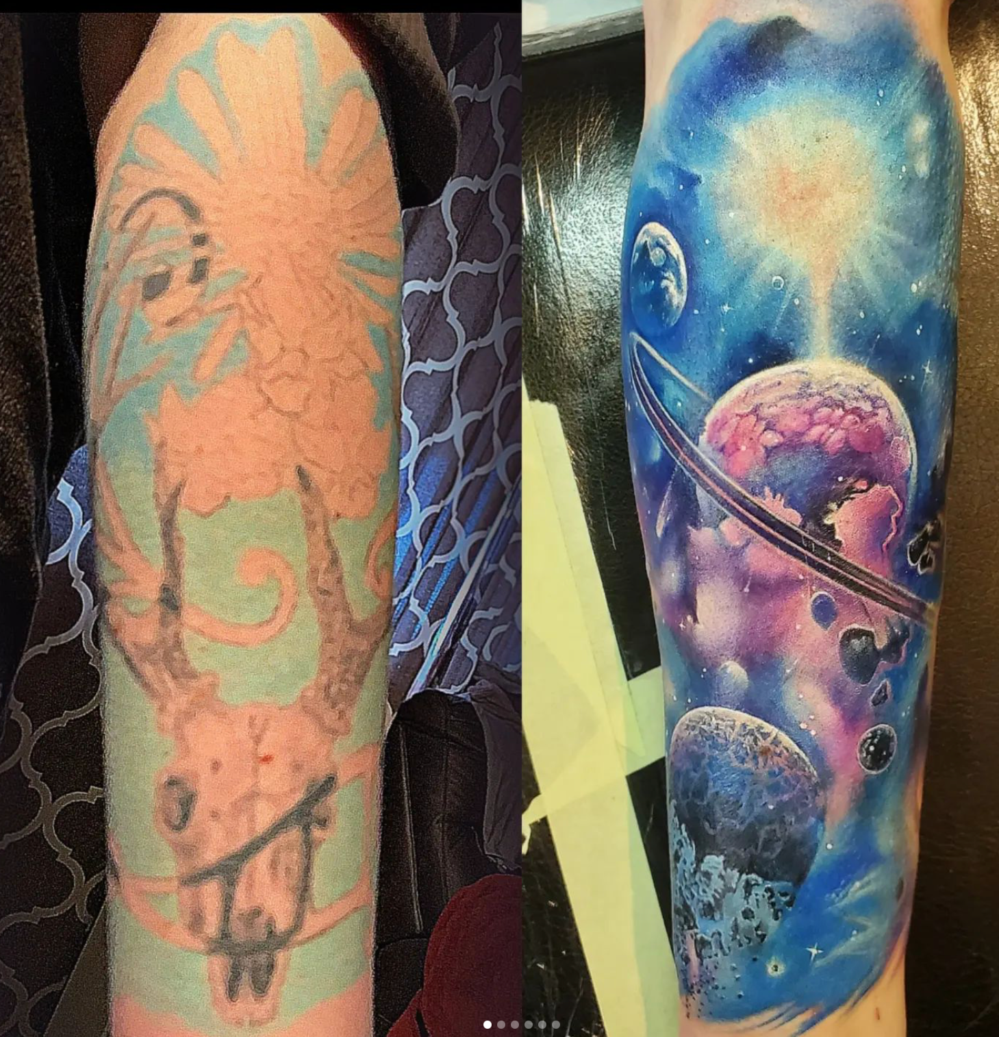 Before and after tattoo: faded antler skull covered by a colorful cosmic scene with planets, rings, and nebulae.