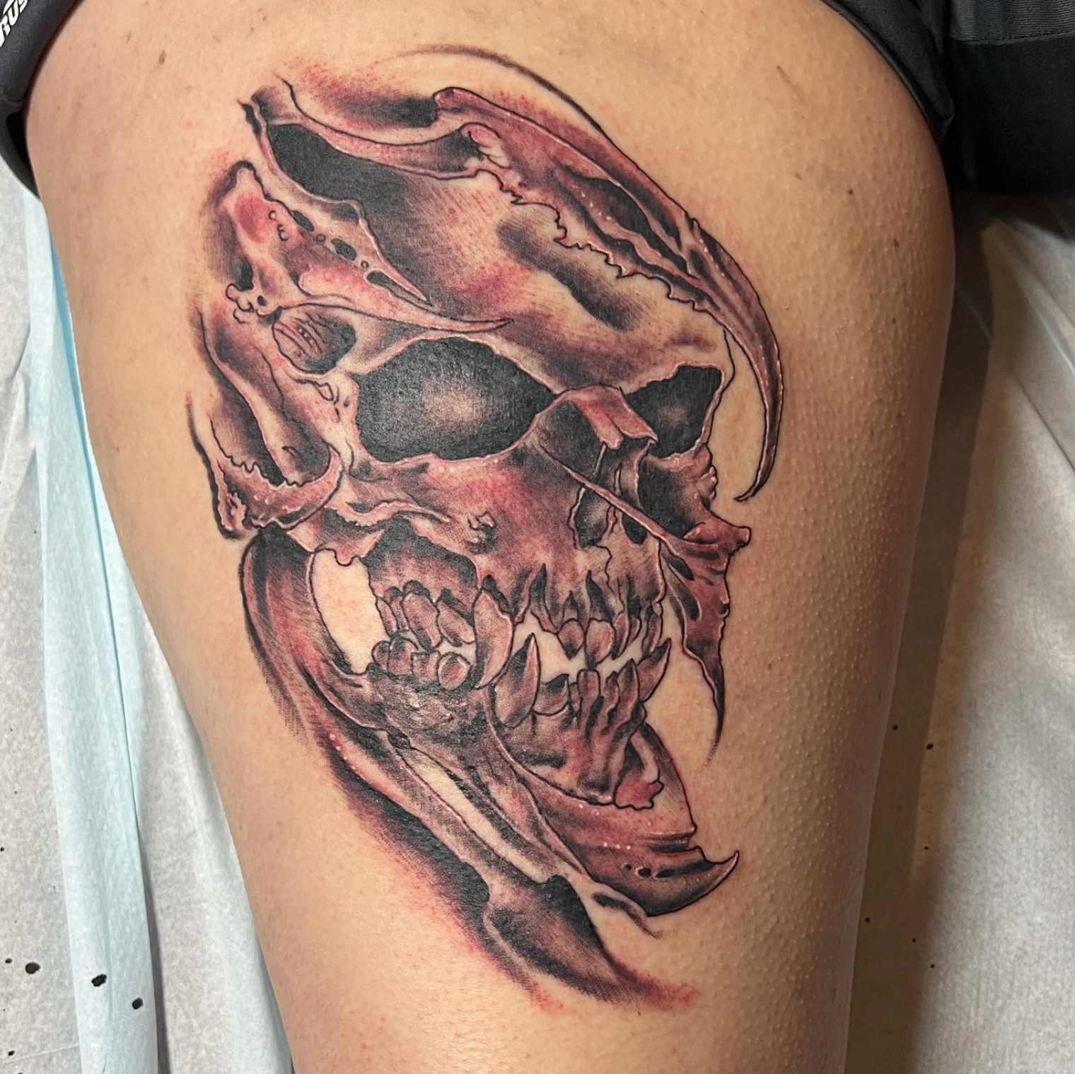Skull tattoo with red and black shading on a thigh.