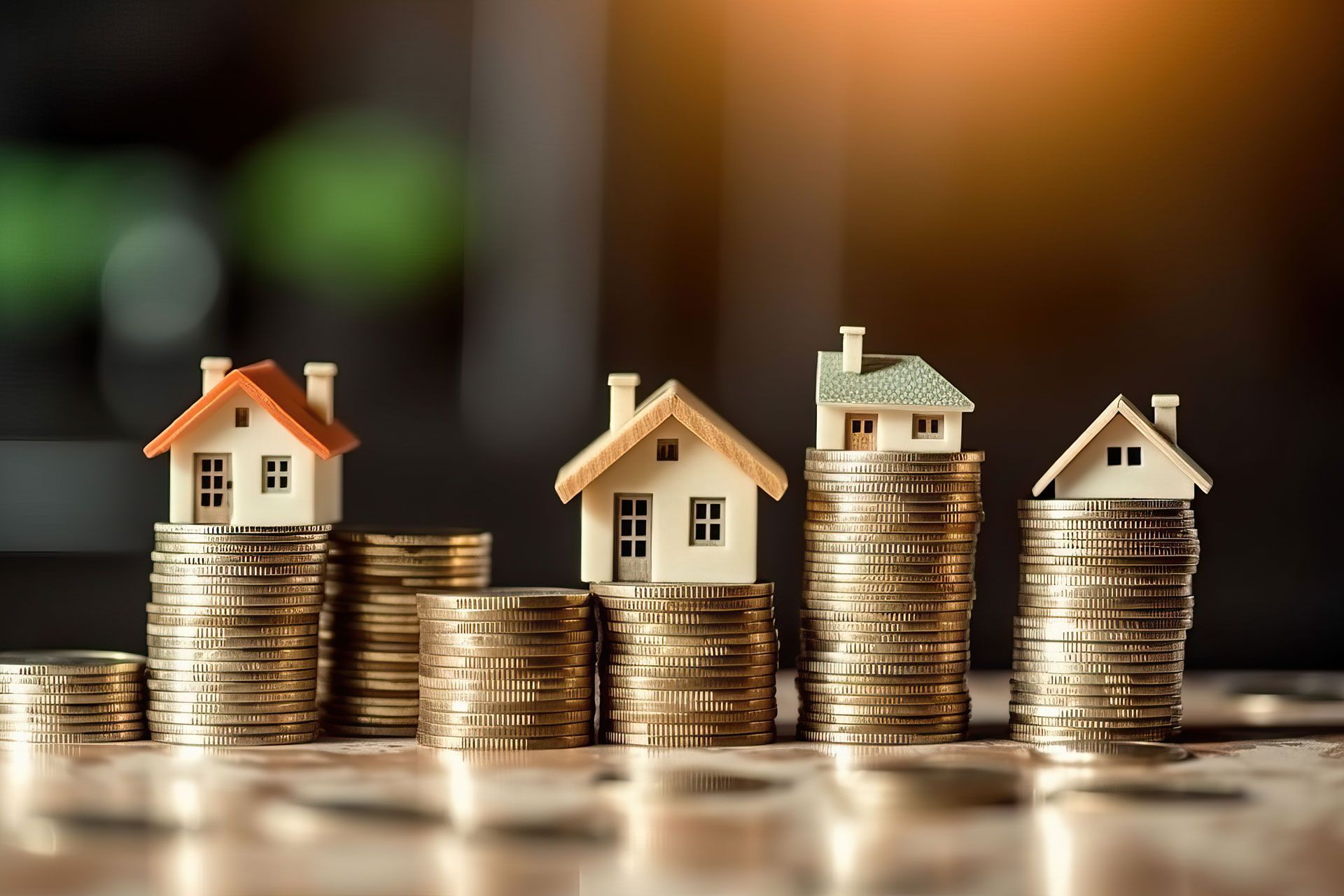 Miniature houses sitting on stacks of coins, symbolizing property investment and savings