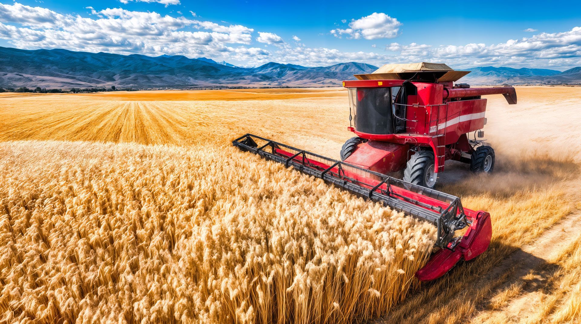 Red combine harvester cutting wheat in a golden field under a blue sky with mountains in the distance