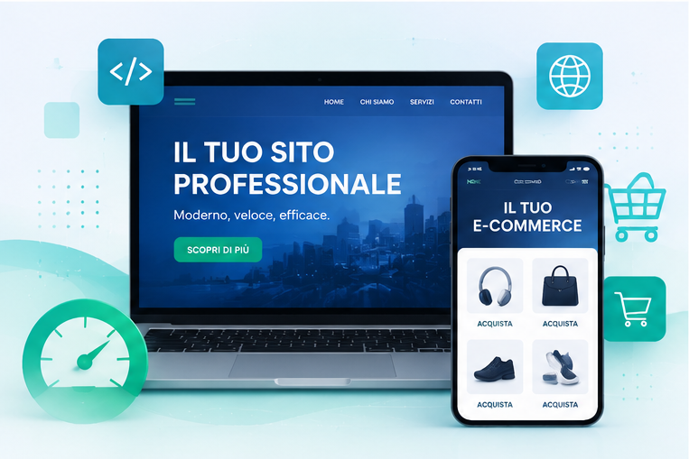Laptop e telefono che mostrano mockup professionali di siti web e e-commerce su uno sfondo tecnologico blu.
