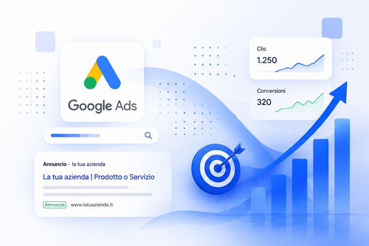 Dashboard di analisi di Google Ads con grafico di crescita blu, icona a forma di bersaglio e metriche di rendimento.