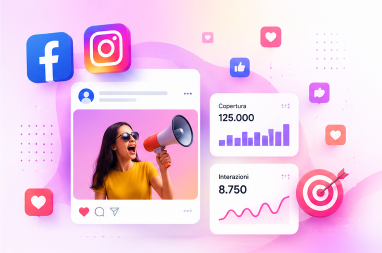 Dashboard di analisi dei social media con icone, anteprima dei post e grafici su uno sfondo sfumato rosa.