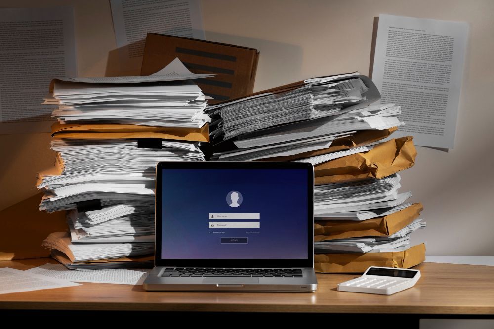 A laptop computer is sitting on a desk next to a pile of papers.