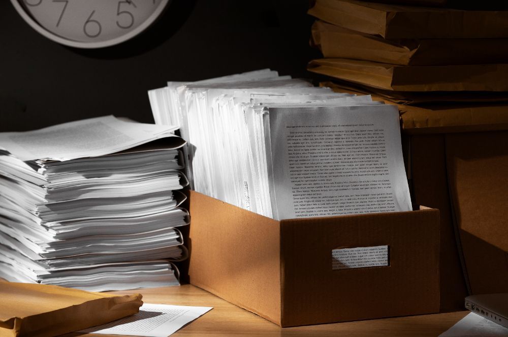 A box filled with papers is on a desk next to a stack of papers.