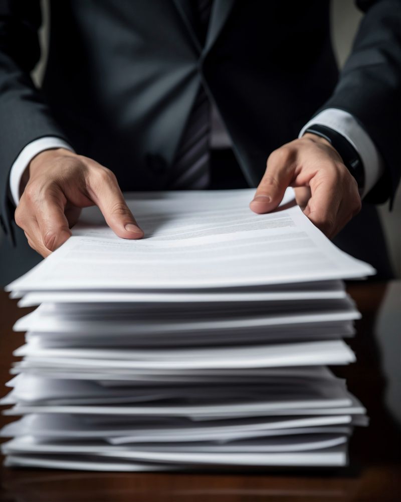 A man in a suit is holding a stack of papers
