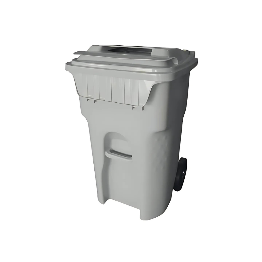 A white trash can with wheels and a lid on a white background