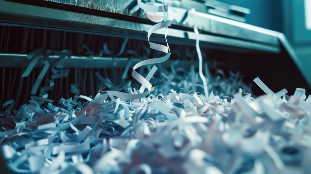 A pile of shredded paper is coming out of a paper shredder.