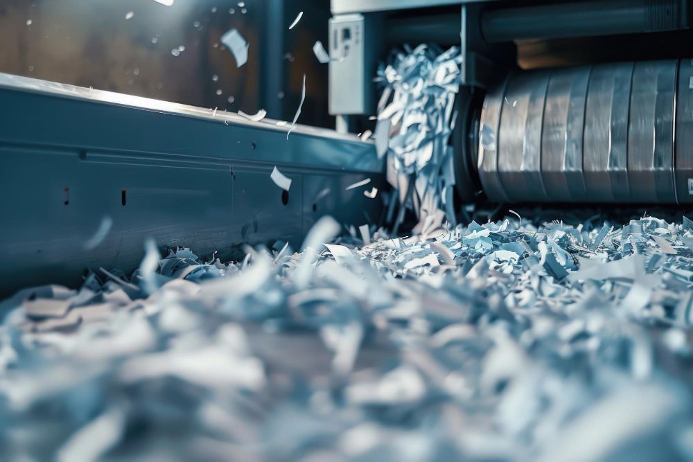 A machine is shredding paper in a factory.