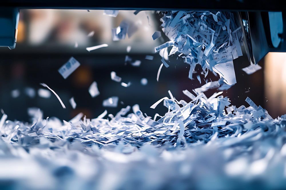 A pile of shredded paper is coming out of a machine.
