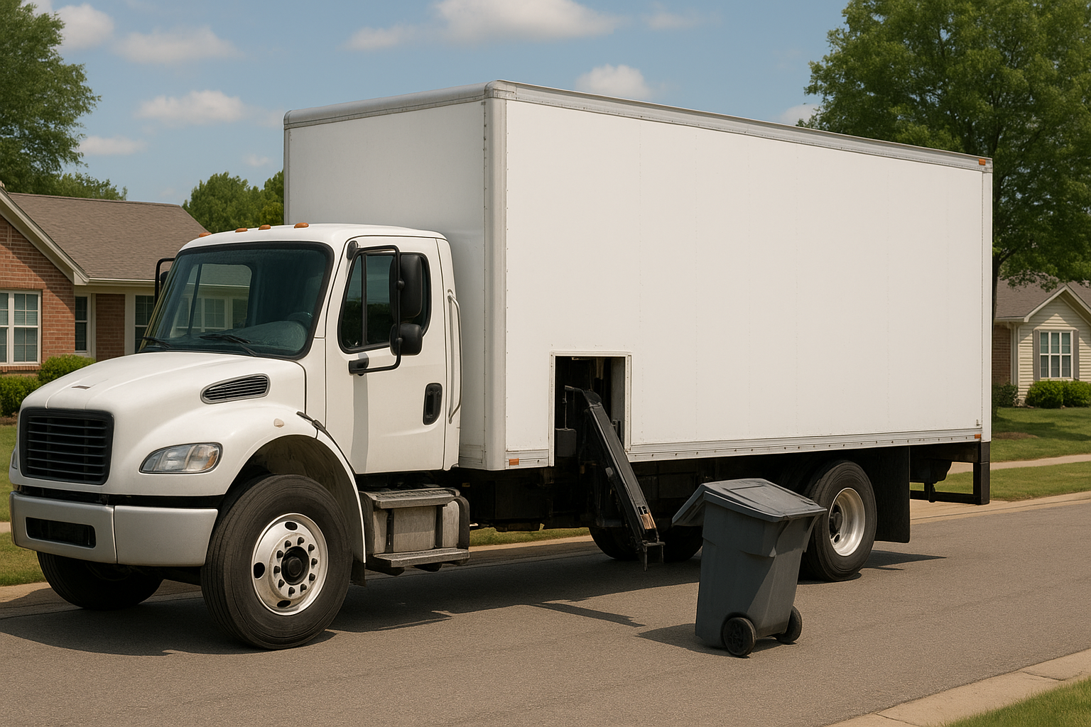 White box truck parked on a residential street; trash can nearby, door open.