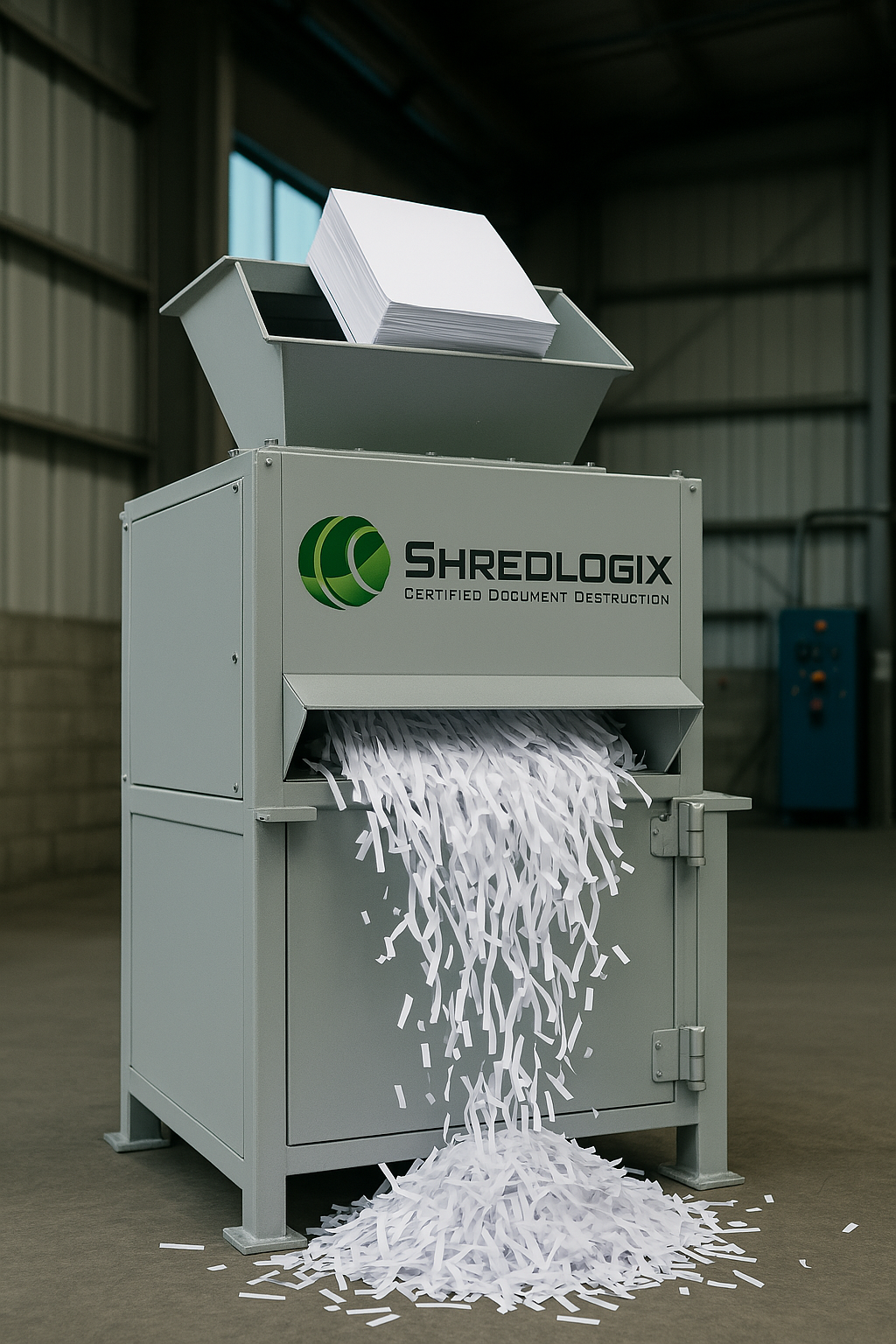 A machine that is shredding paper in a warehouse.