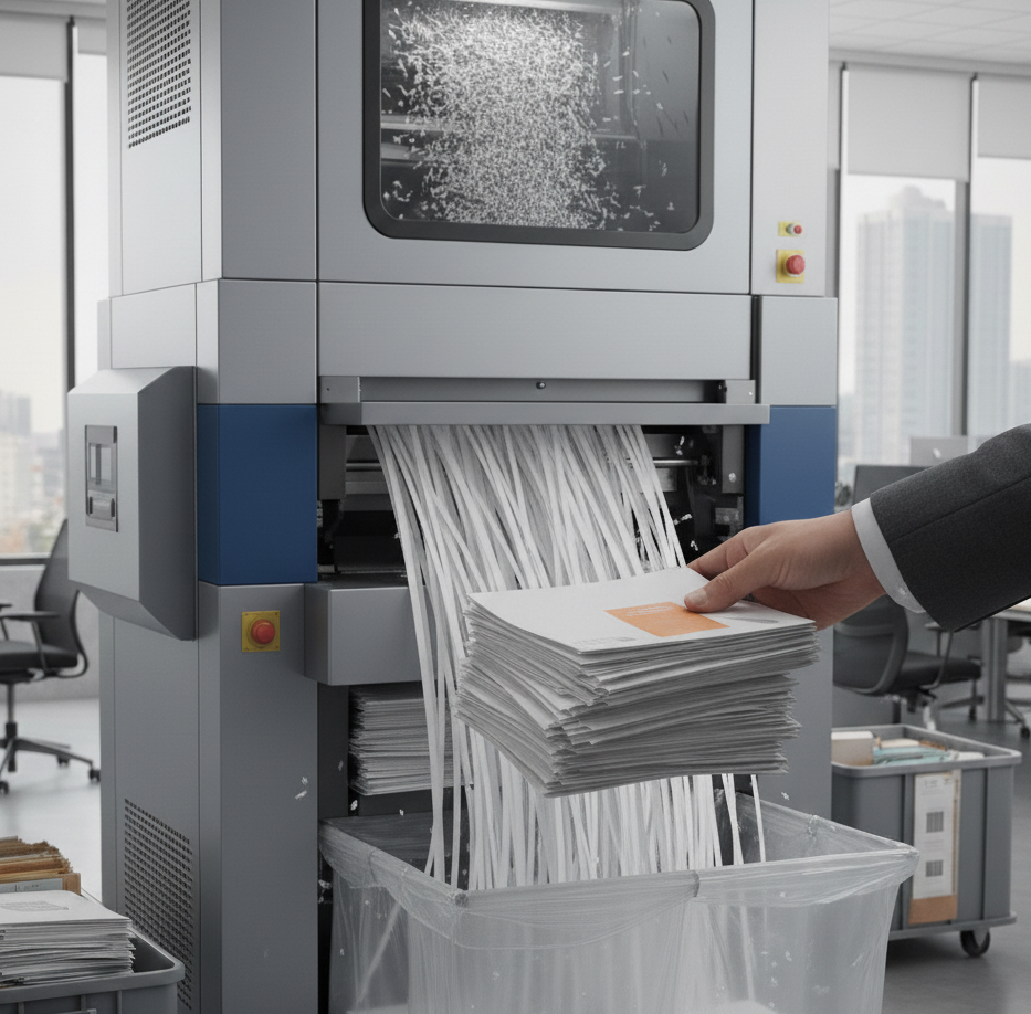 Person feeding stack of papers into a large industrial shredder in an office setting.