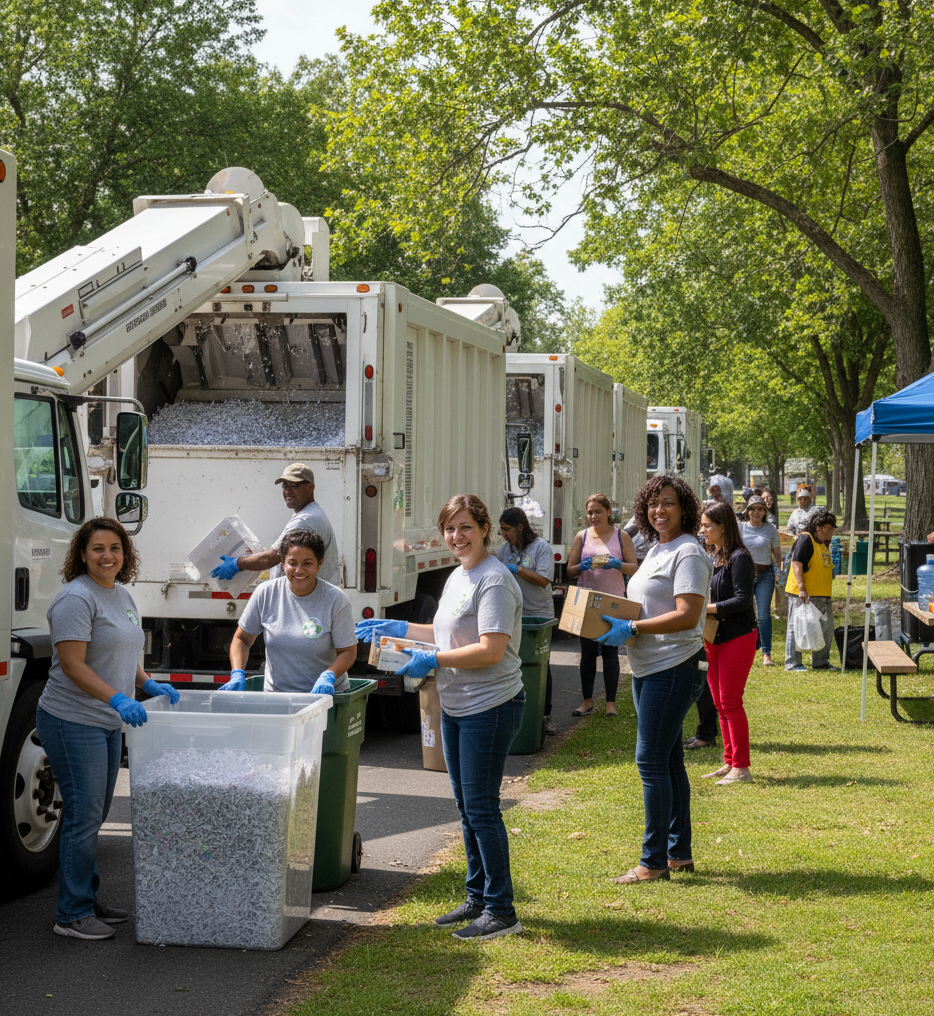 People unloading bins of materials into garbage trucks at an outdoor event in a park.