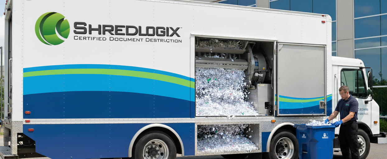 Shredding truck with the door open, a man is putting the shredded paper into a container.